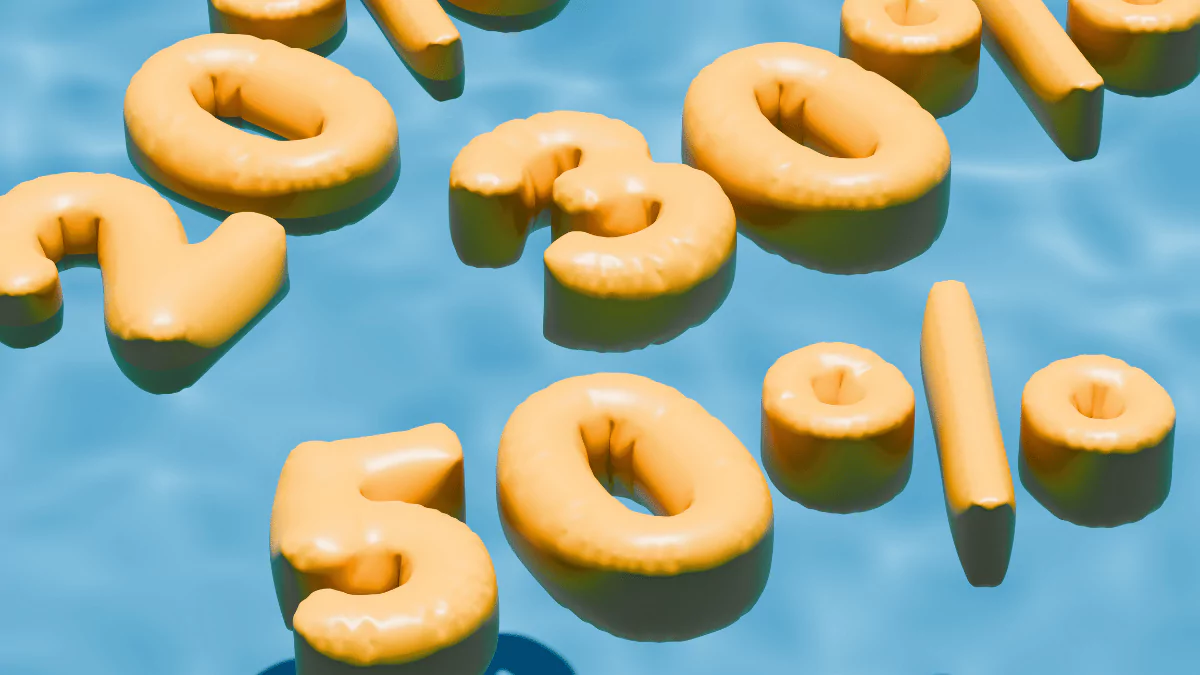 Inflated 20%, 30%, and 50% discount numbers floating in a pool – 3D summer sale banner concept