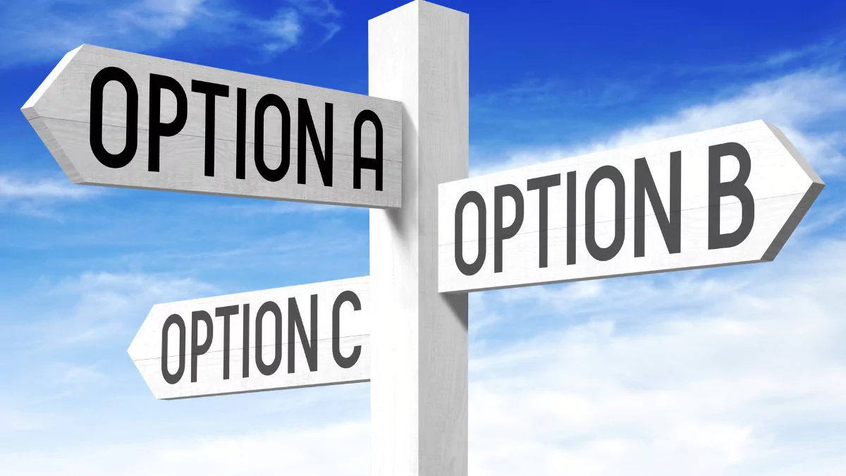 White wooden signpost with three arrows option A, option B, option C.