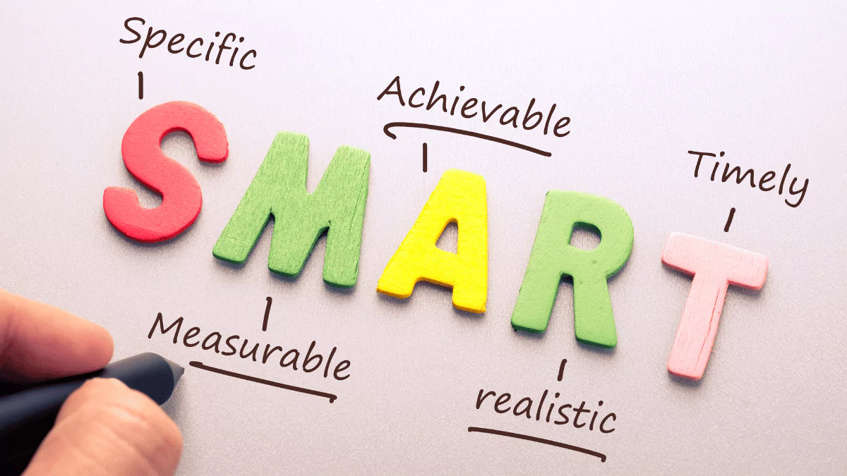 Wooden letters spelling 'SMART' with handwritten notes explaining the SMART goal-setting concept